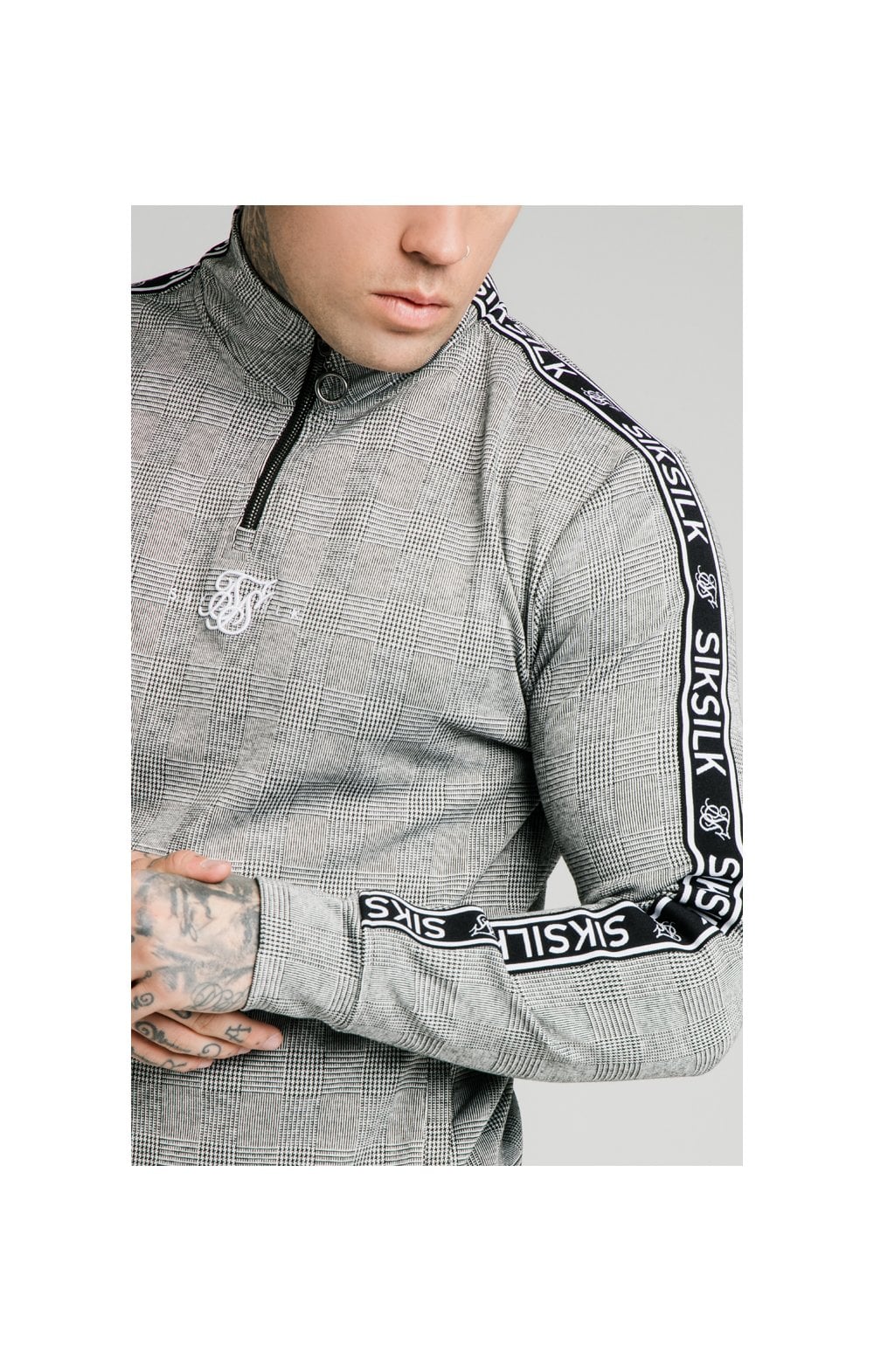 SikSilk Dog Tooth Check 1/4 Zip Funnel Neck Hoodie - Black & White (1)