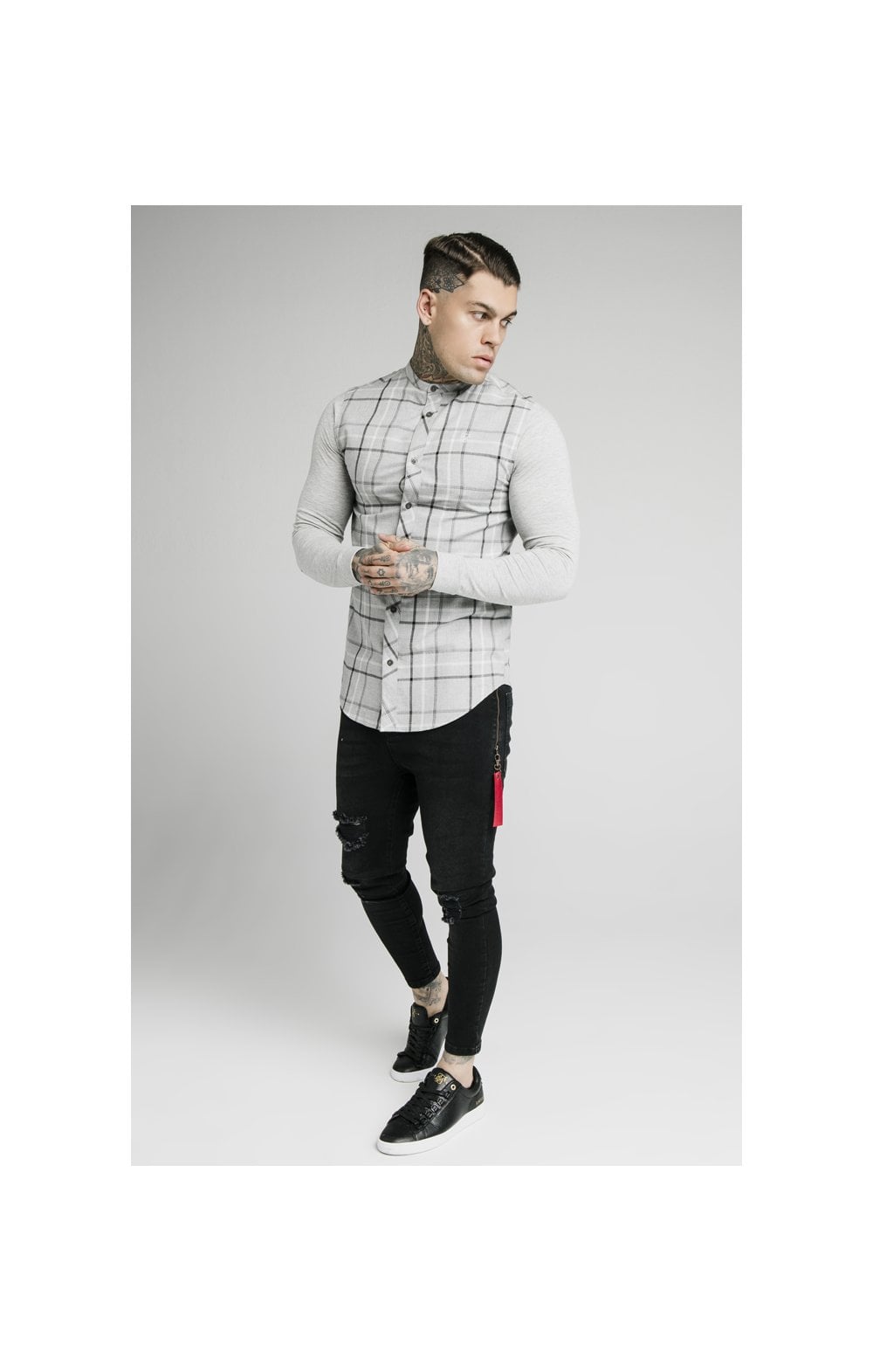 SikSilk L/S Flannel Check Grandad Shirt - Grey Marl (3)