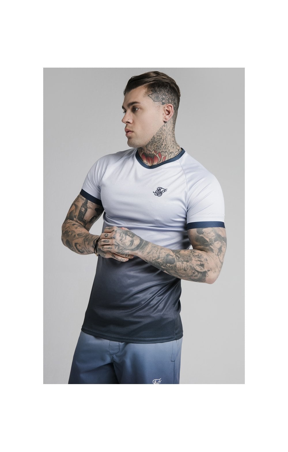 SikSilk S/S Straight Hem Fade Tech Tee - Navy Lilac Fade