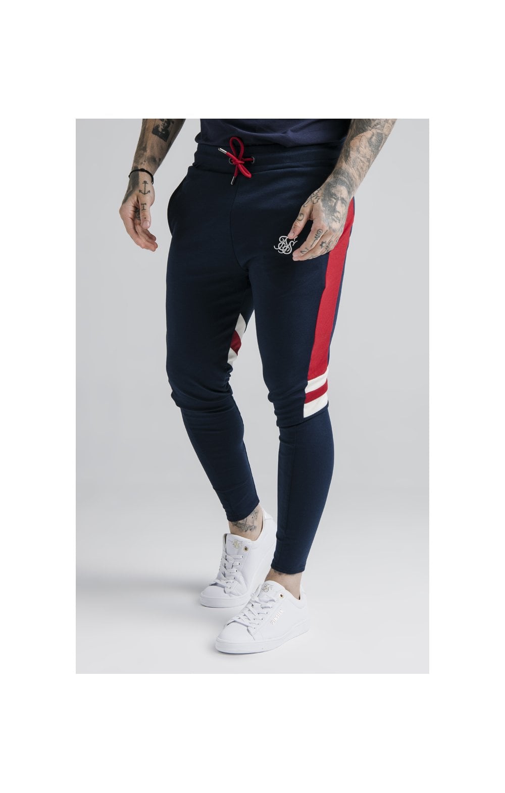 SikSilk Retro Panel Track Pants - Navy,Red & Off White