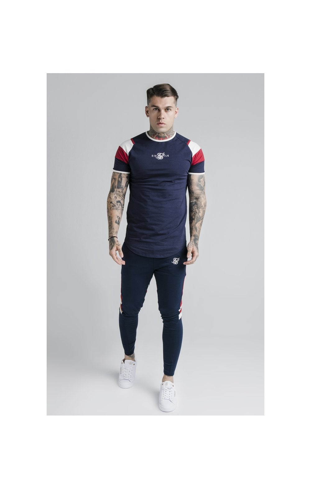 SikSilk Retro Panel Track Pants - Navy,Red & Off White (2)