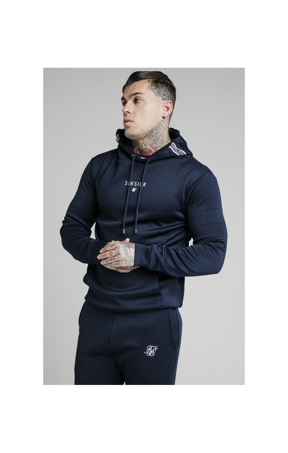 SikSilk Element Muscle Fit Overhead Hoodie - Navy & White (1)