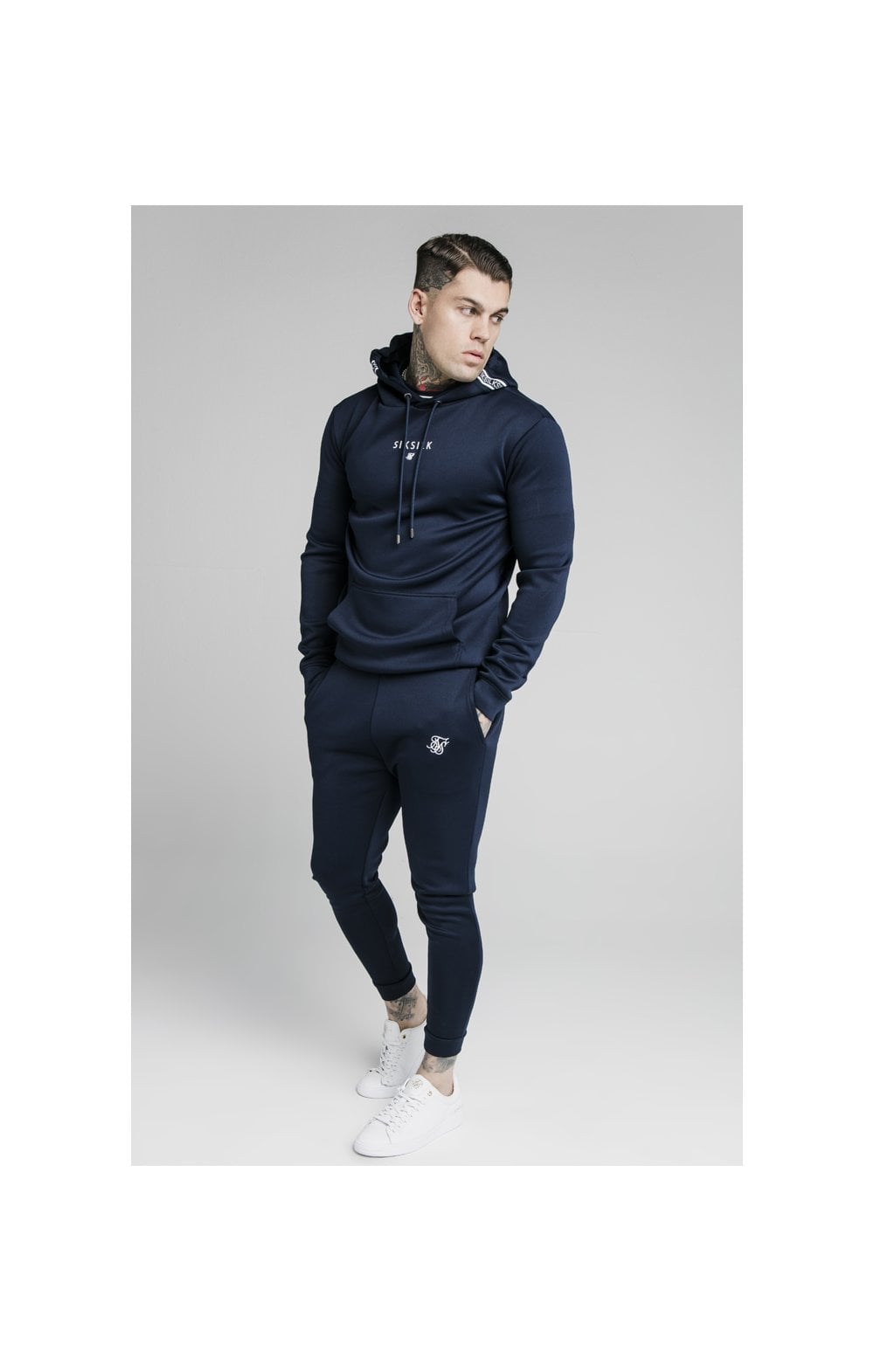 SikSilk Element Muscle Fit Overhead Hoodie - Navy & White (2)