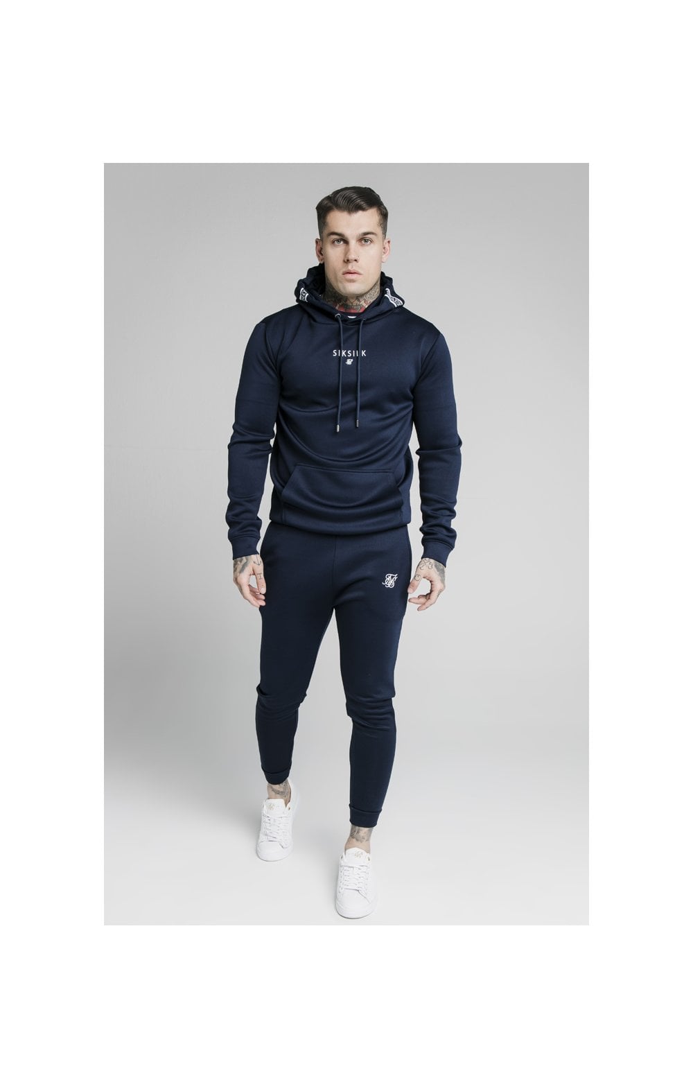 SikSilk Element Muscle Fit Overhead Hoodie - Navy & White (3)