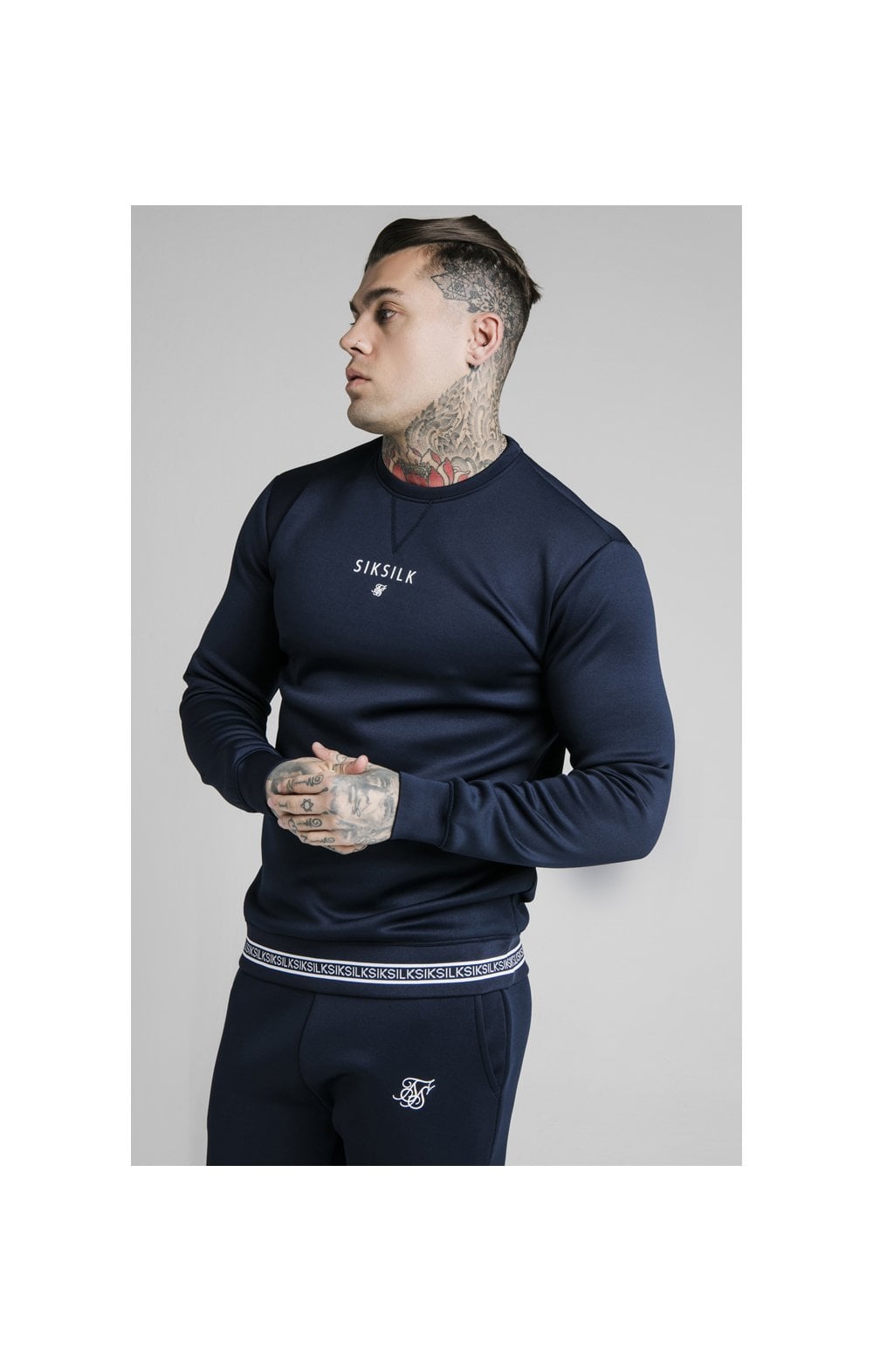 SikSilk Element Crew Sweat - Navy & White (1)