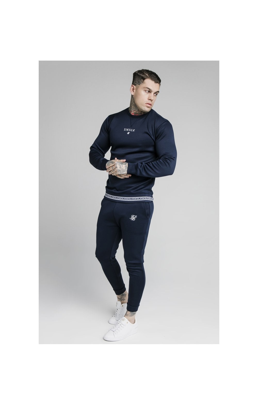 SikSilk Element Crew Sweat - Navy & White (2)