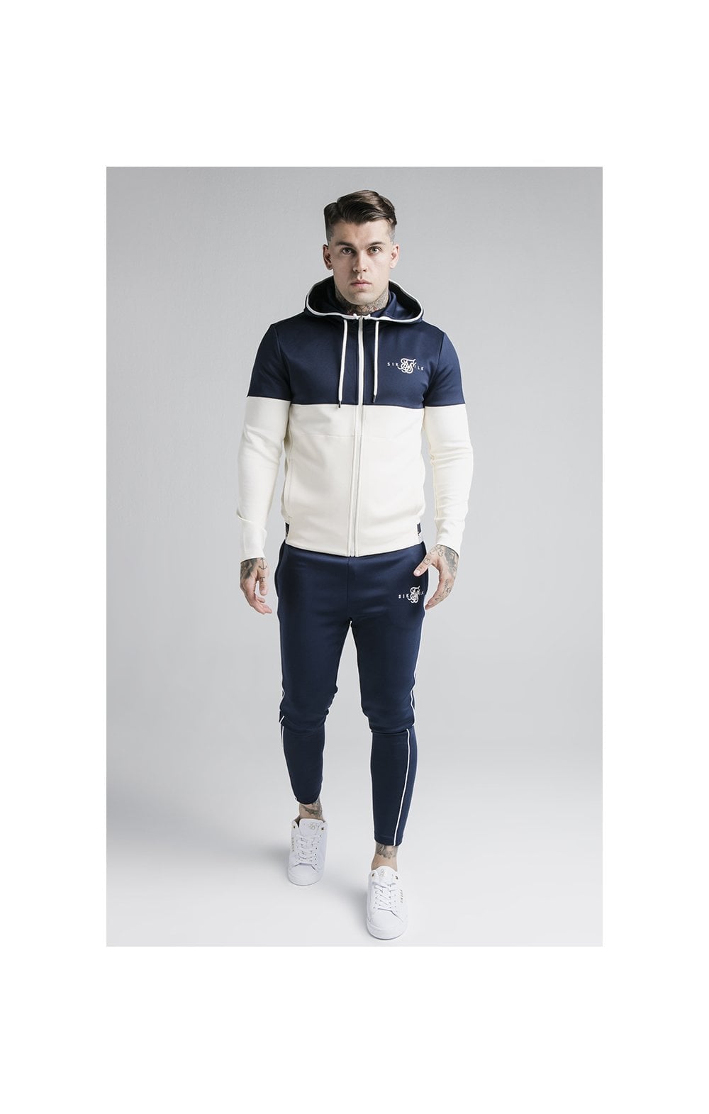 Load image into Gallery viewer, SikSilk Agility Deluxe Zip Through Hoodie - Navy &amp; Off White (3)