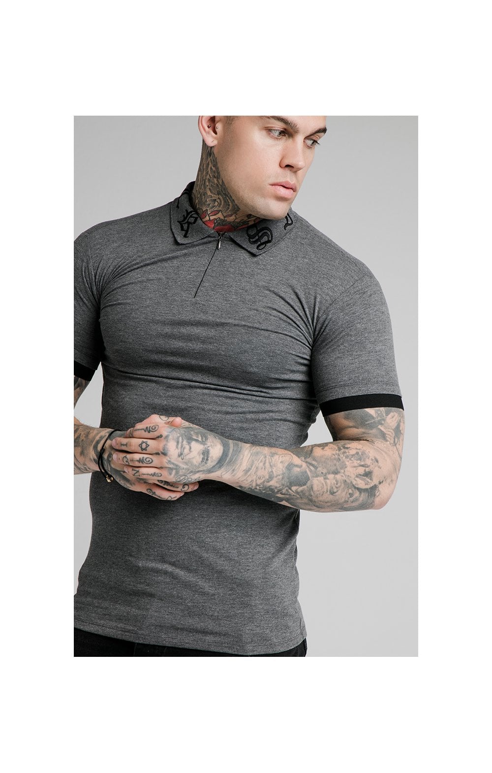 SikSilk S S Old English Inset Cuff Polo Dark Grey Marl