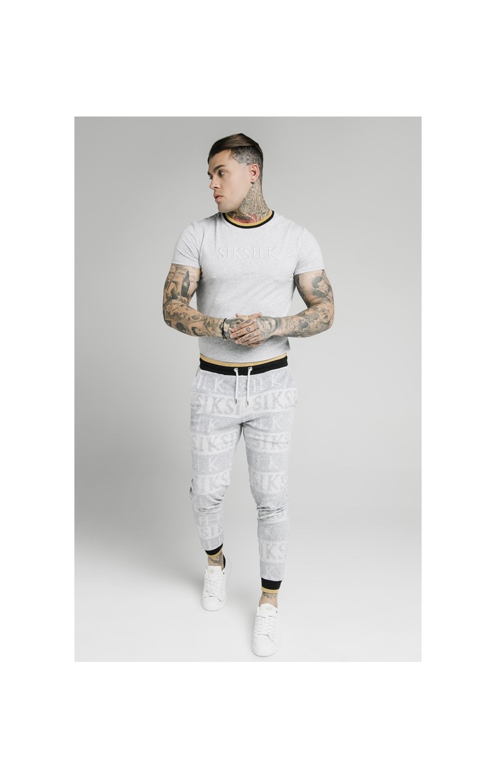 Load image into Gallery viewer, SikSilk Inverse Fitted Joggers - Grey,Black &amp; Gold (2)