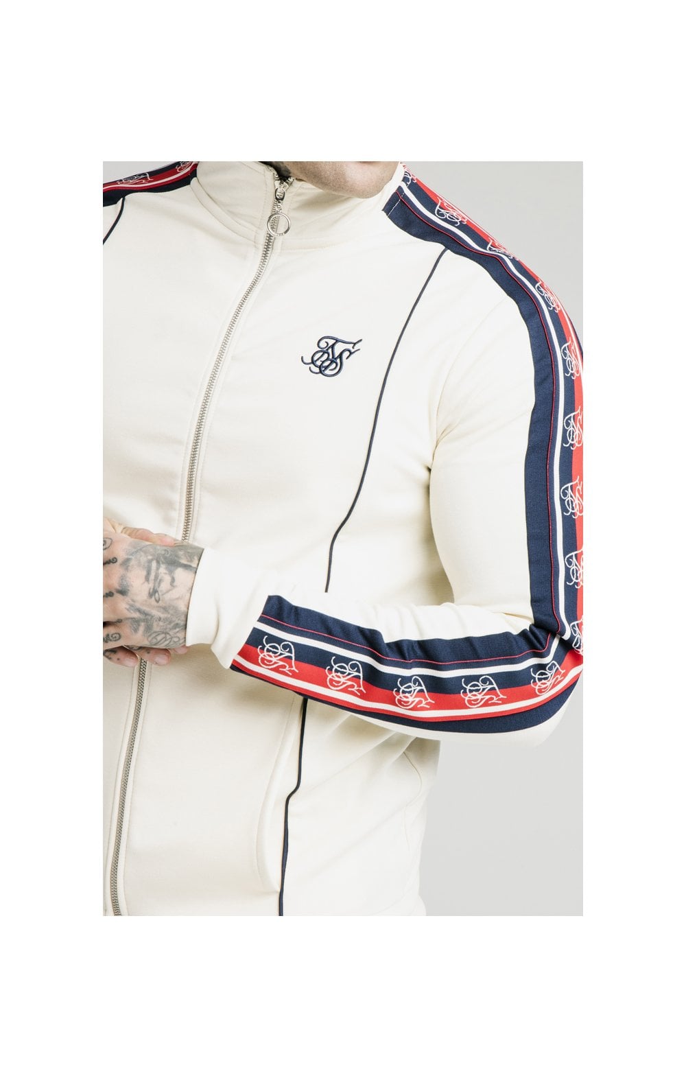 SikSilk Retro Funnel Neck Tape Zip Through Track Top - Off White (1)