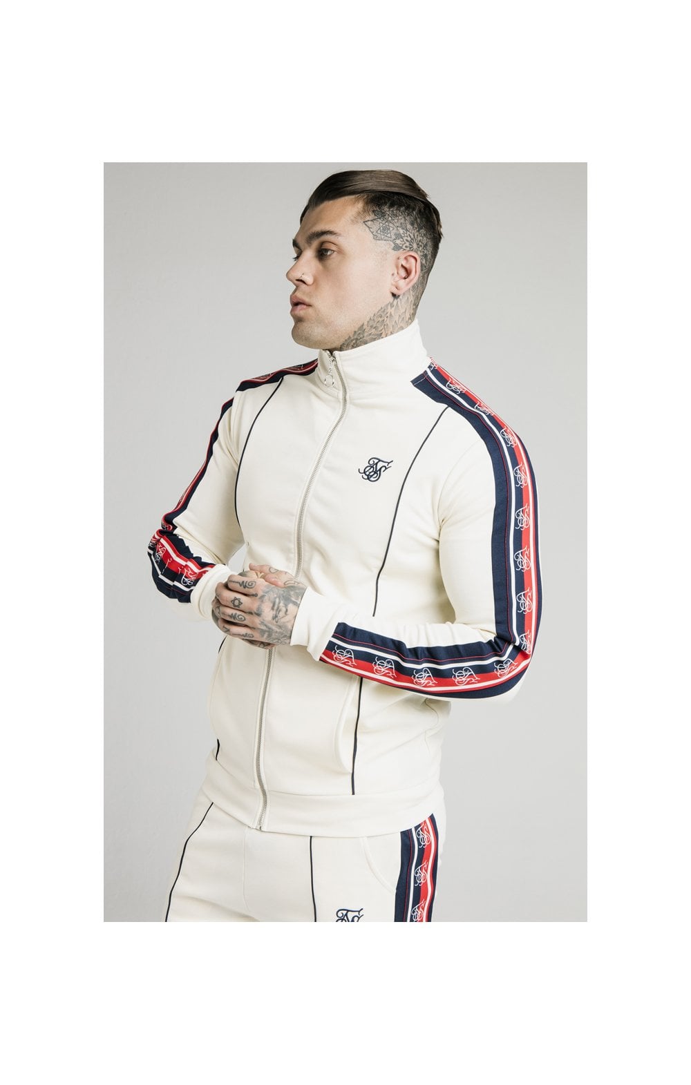 SikSilk Retro Funnel Neck Tape Zip Through Track Top - Off White