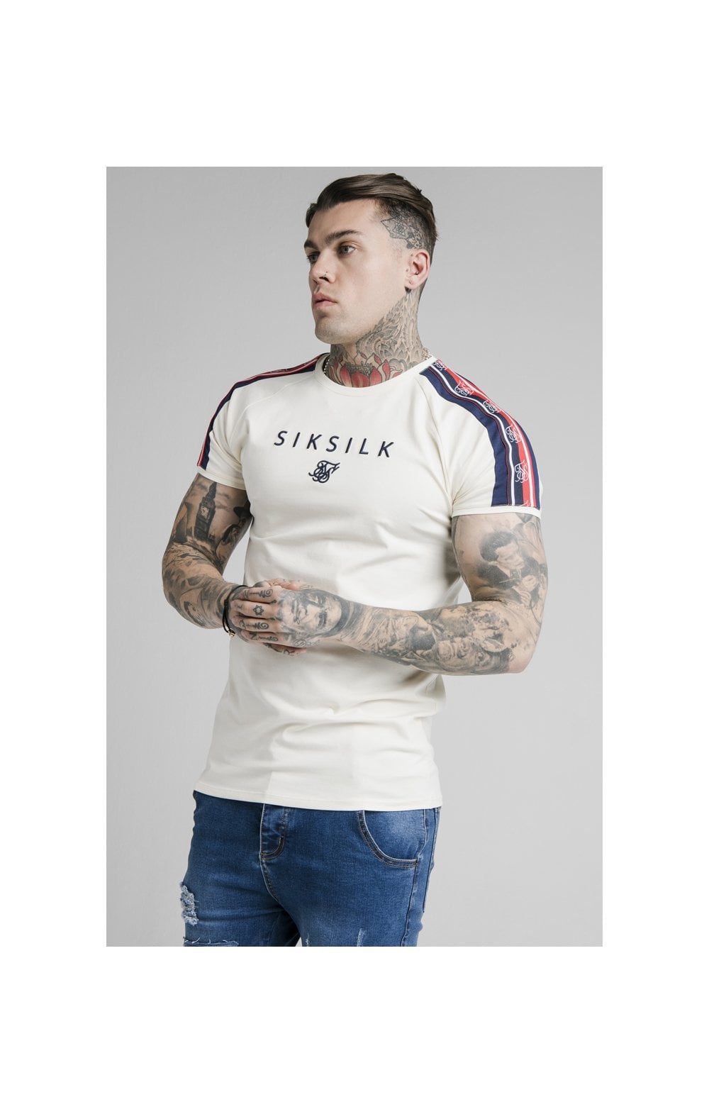 SikSilk S/S Raglan Retro Tape Gym Tee - Off White