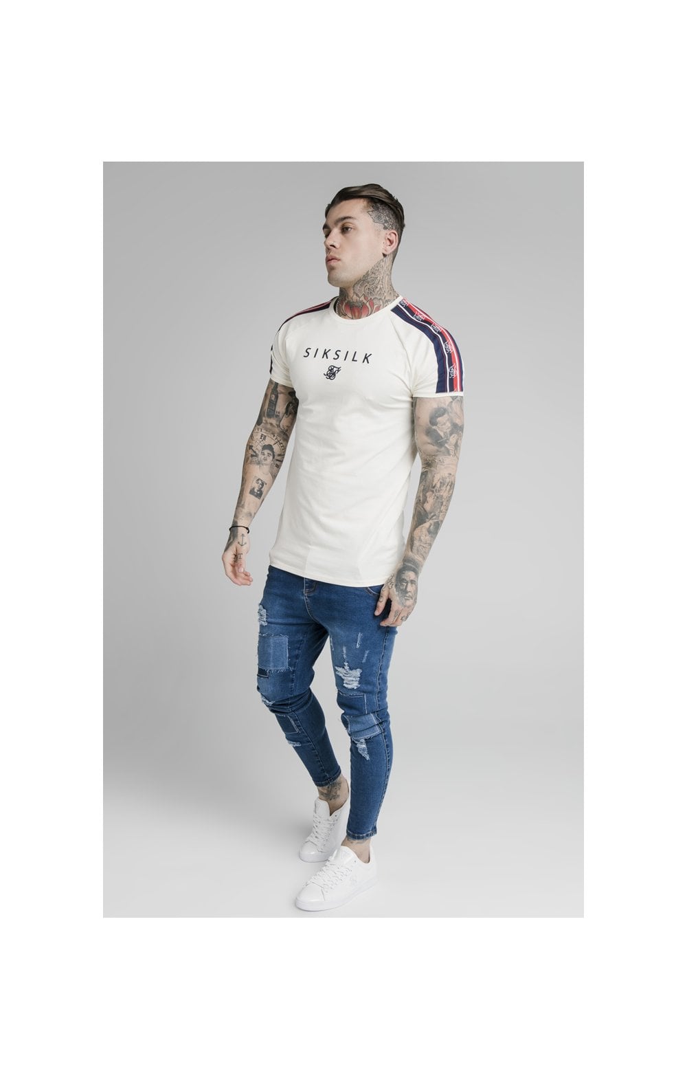 SikSilk S/S Raglan Retro Tape Gym Tee - Off White (3)