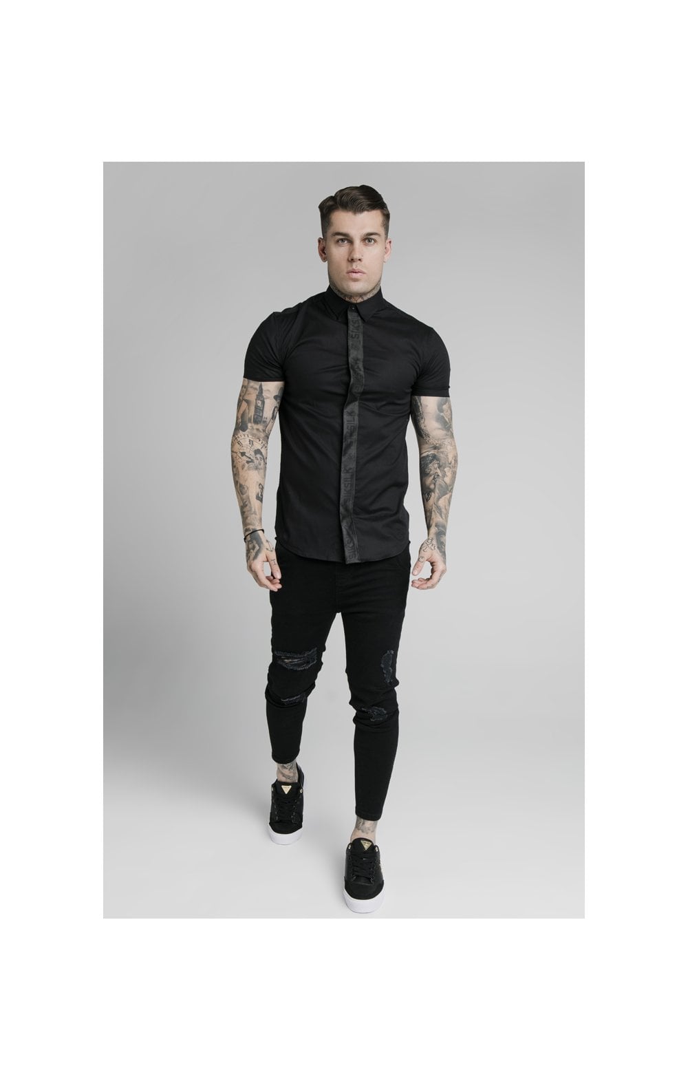 Load image into Gallery viewer, SikSilk S/S Woven Tape Placket Shirt - Black (4)