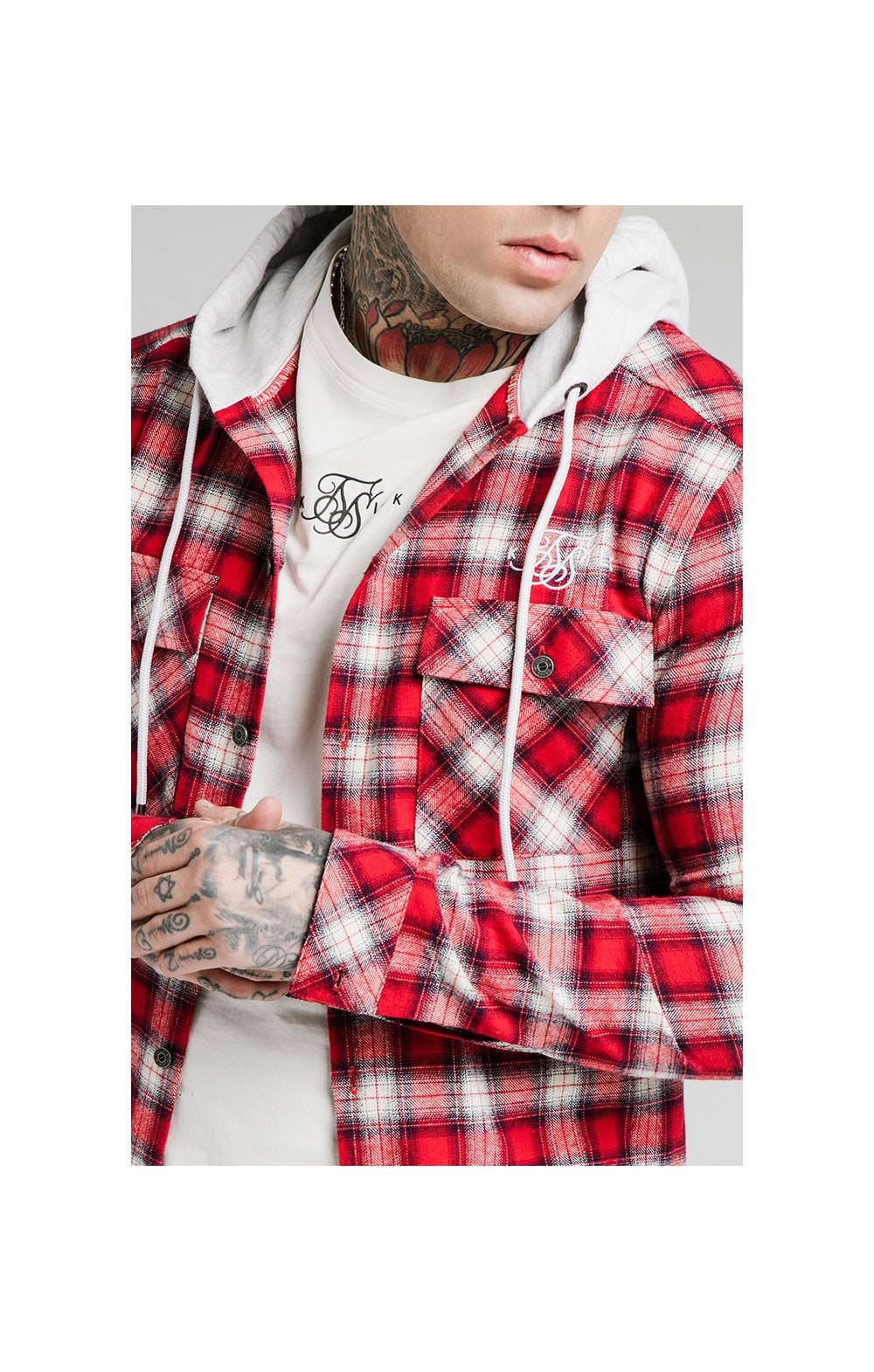 SikSilk L/S Hooded Flannel Shirt Jacket - Red & Off White (1)