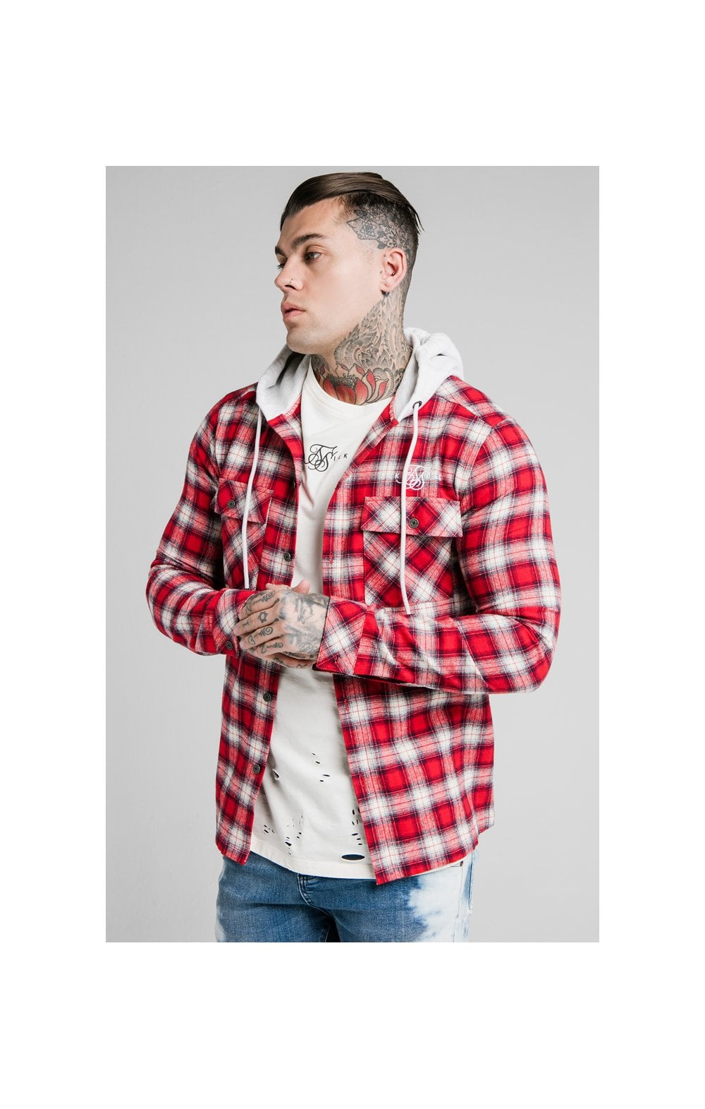 SikSilk L/S Hooded Flannel Shirt Jacket Red Off White SikSilk NZ