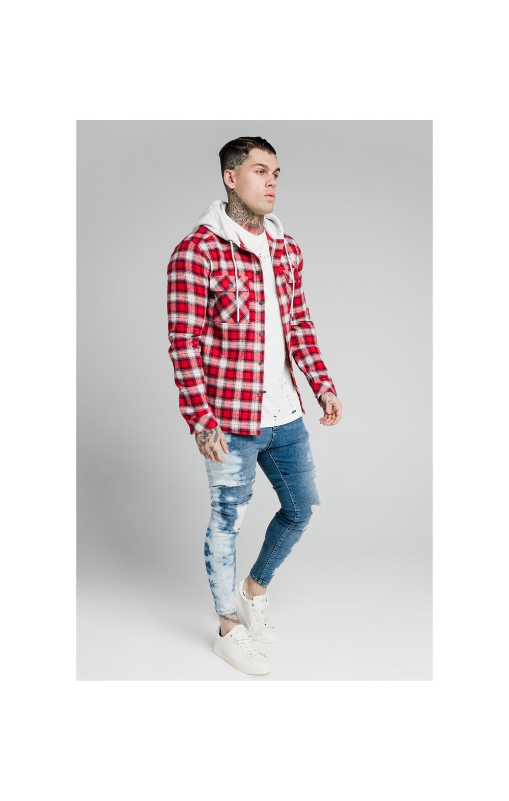 SikSilk L/S Hooded Flannel Shirt Jacket - Red & Off White