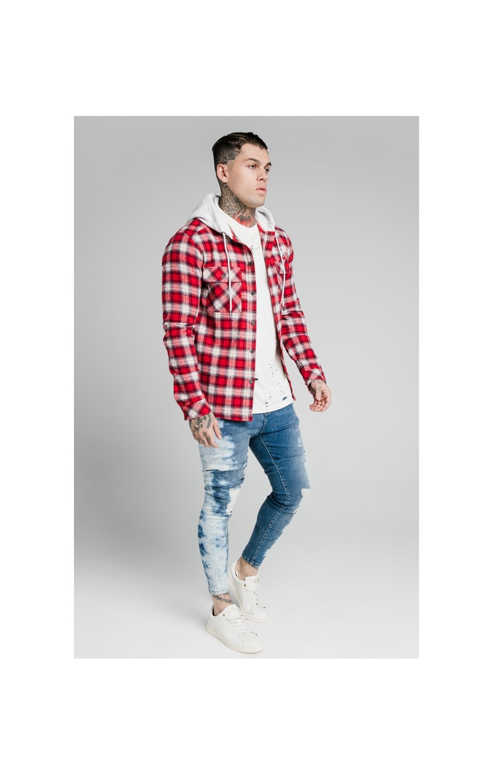 SikSilk L/S Hooded Flannel Shirt Jacket - Red & Off White (2)