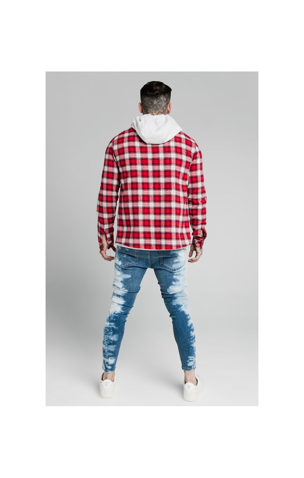 SikSilk L/S Hooded Flannel Shirt Jacket - Red & Off White (3)