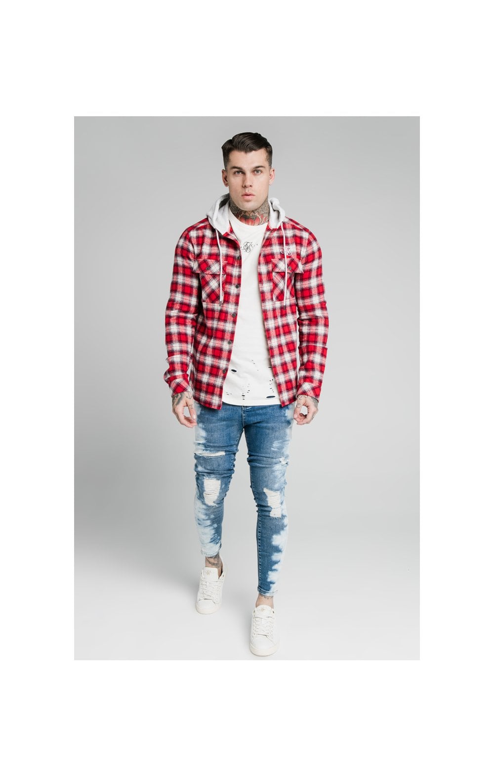 SikSilk L/S Hooded Flannel Shirt Jacket - Red & Off White (4)
