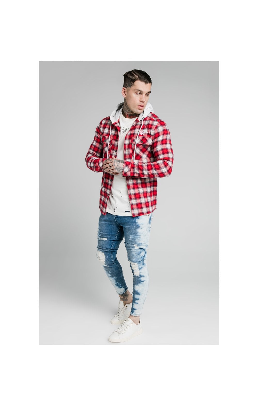 SikSilk L/S Hooded Flannel Shirt Jacket - Red & Off White (5)