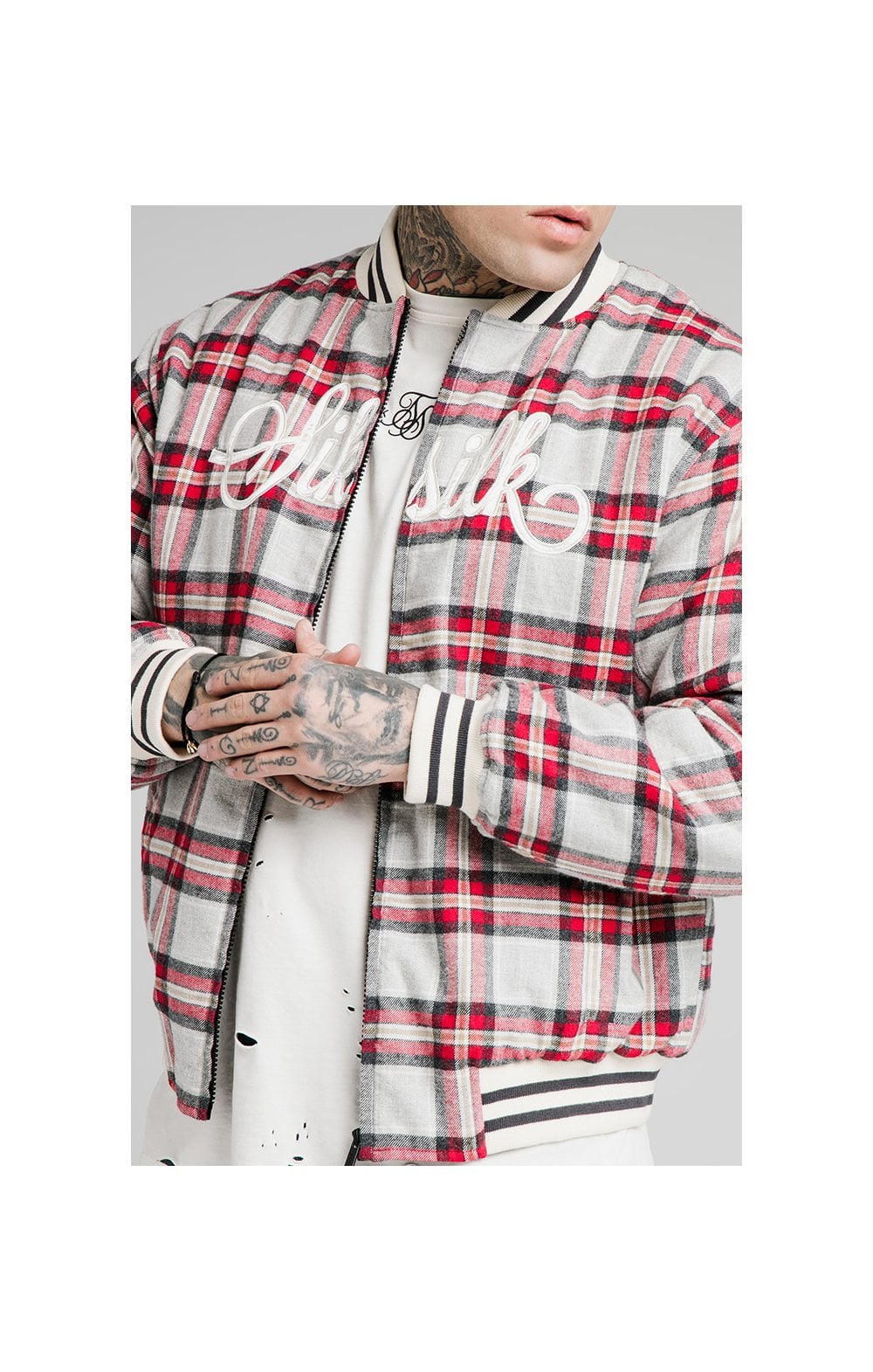 SikSilk Oversize Flannel Check Bomber - Grey & Red (1)