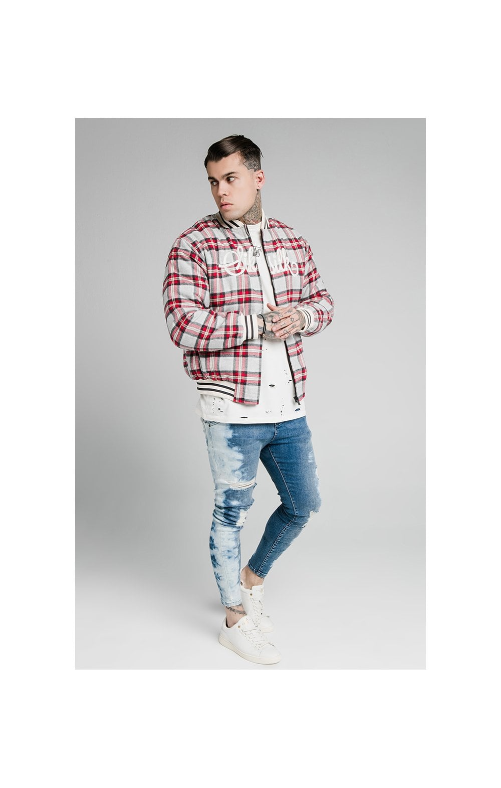 SikSilk Oversize Flannel Check Bomber - Grey & Red (3)