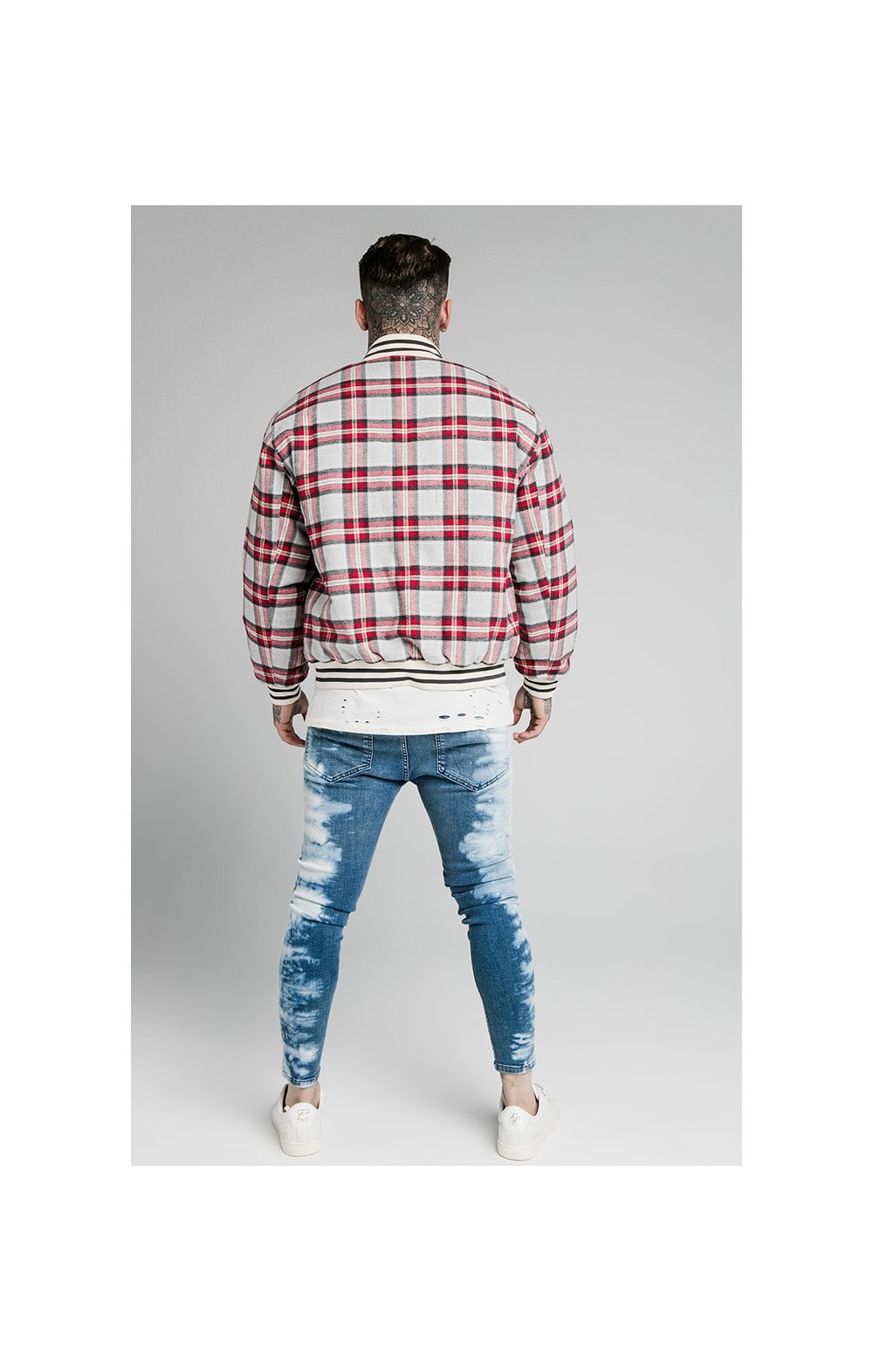 SikSilk Oversize Flannel Check Bomber - Grey & Red (4)