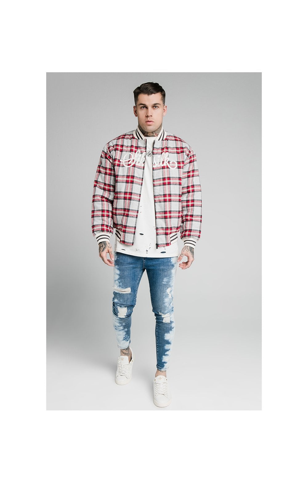 SikSilk Oversize Flannel Check Bomber - Grey & Red (5)