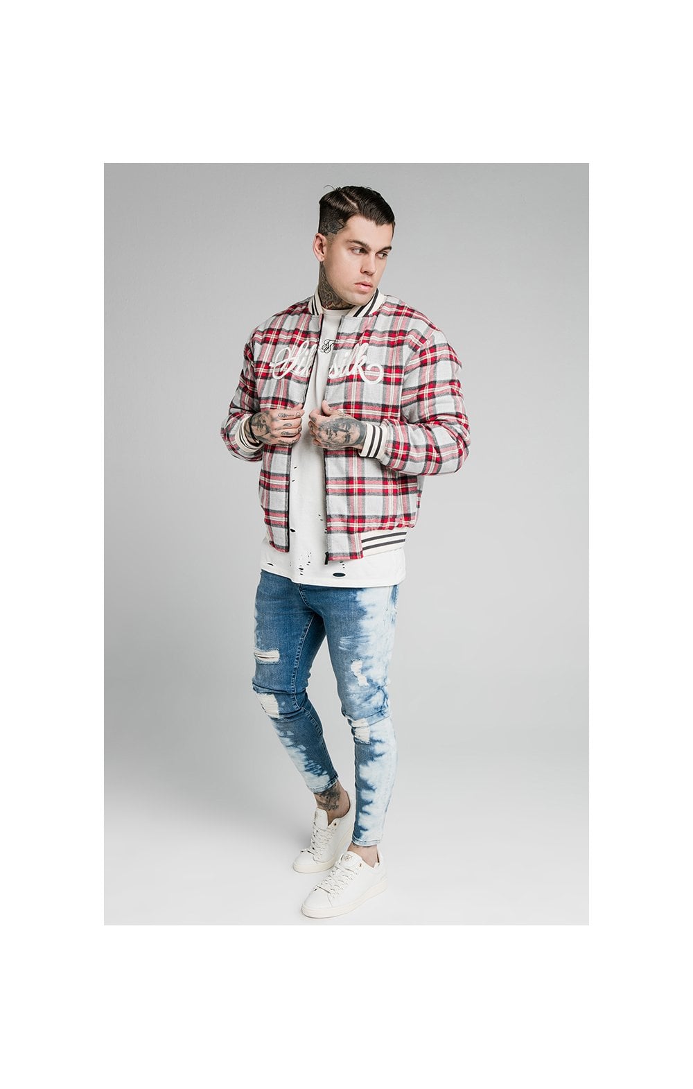 SikSilk Oversize Flannel Check Bomber - Grey & Red (6)