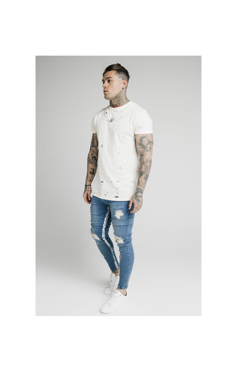 SikSilk Skinny Distressed Paint Stripe Jeans - Midstone & White (3)