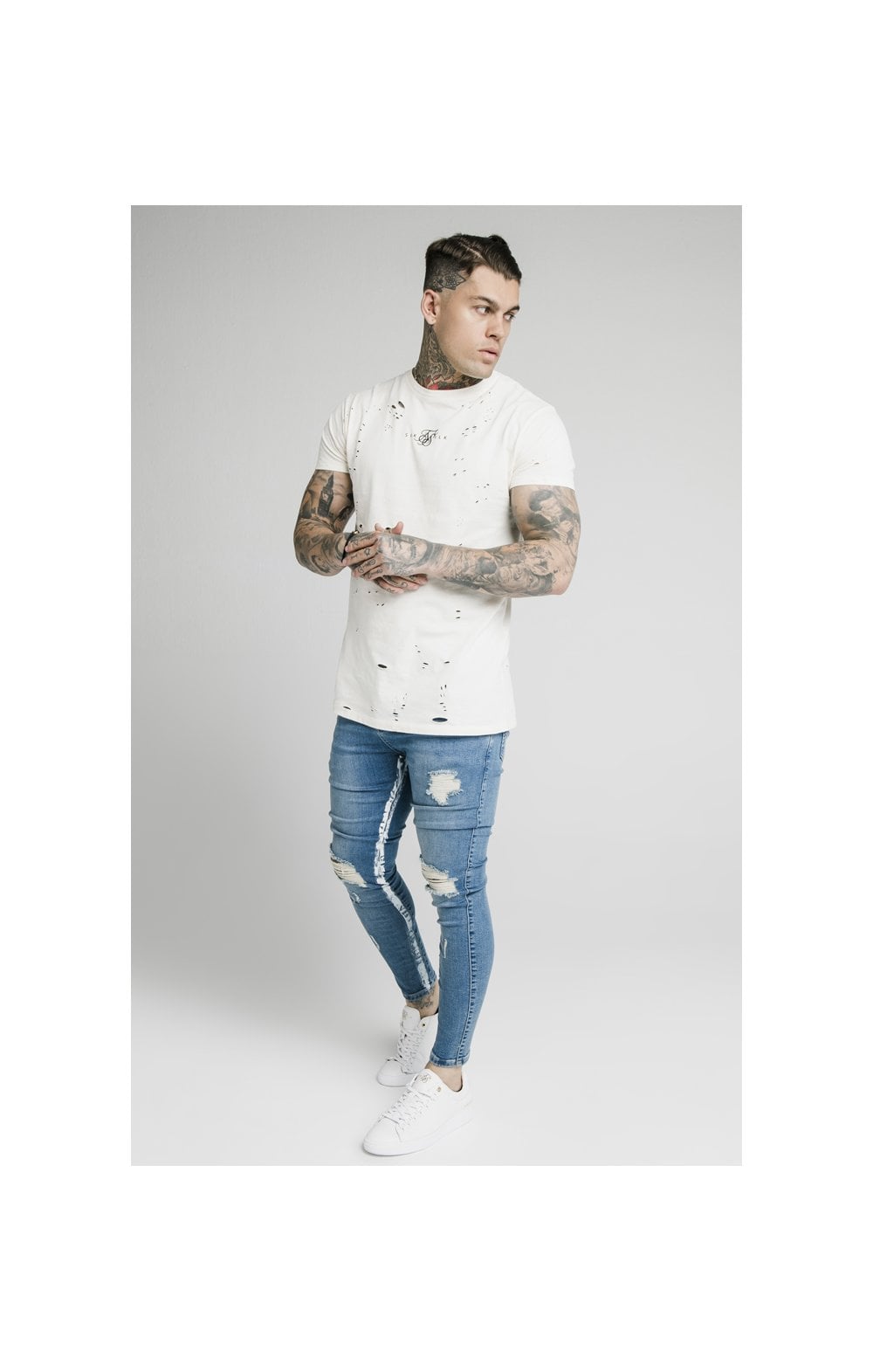 SikSilk Skinny Distressed Paint Stripe Jeans - Midstone & White (4)