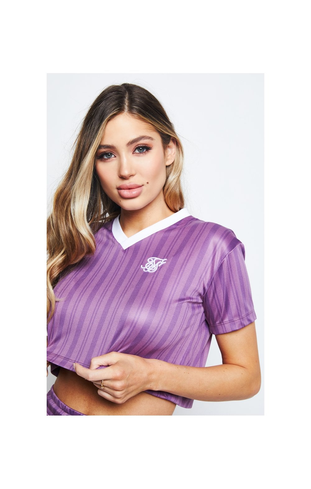 Load image into Gallery viewer, SikSilk Stripe Print Crop Tee - Purple (1)