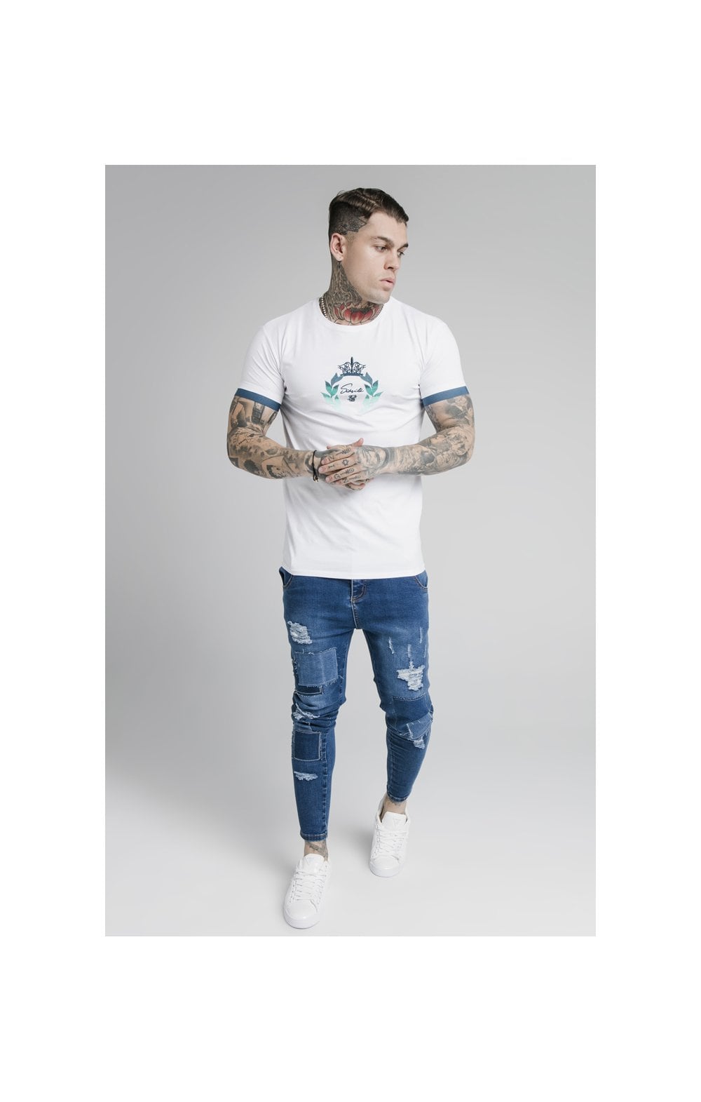 SikSilk S/S Fade Prestige Gym Tee - White & Pacific Fade (3)