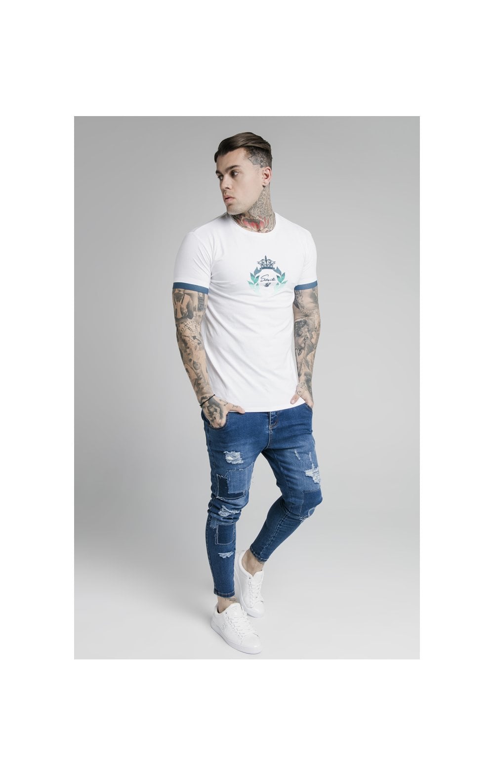 SikSilk S/S Fade Prestige Gym Tee - White & Pacific Fade (4)