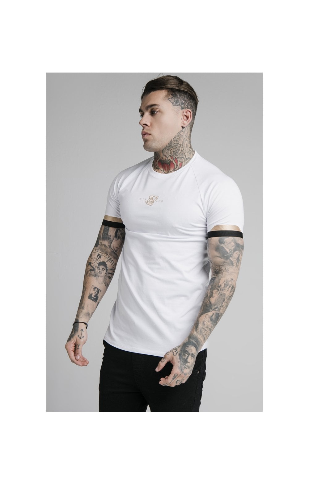 Load image into Gallery viewer, SikSilk Dual Cuff Tech Tee - White &amp; Gold