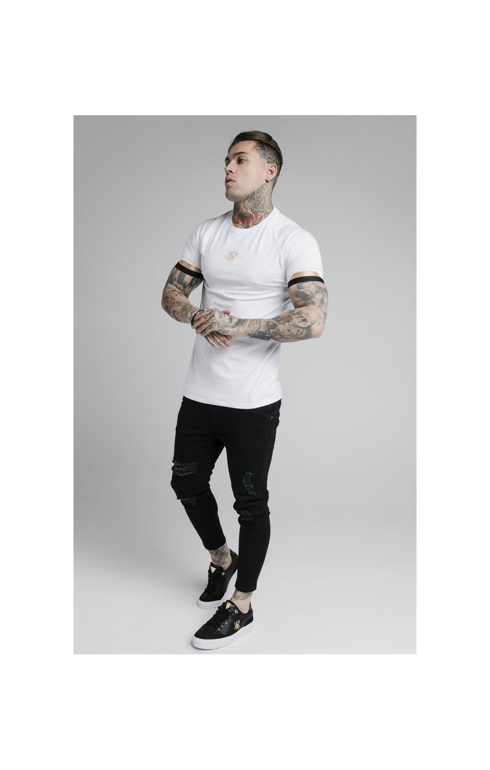 Load image into Gallery viewer, SikSilk Dual Cuff Tech Tee - White &amp; Gold (2)