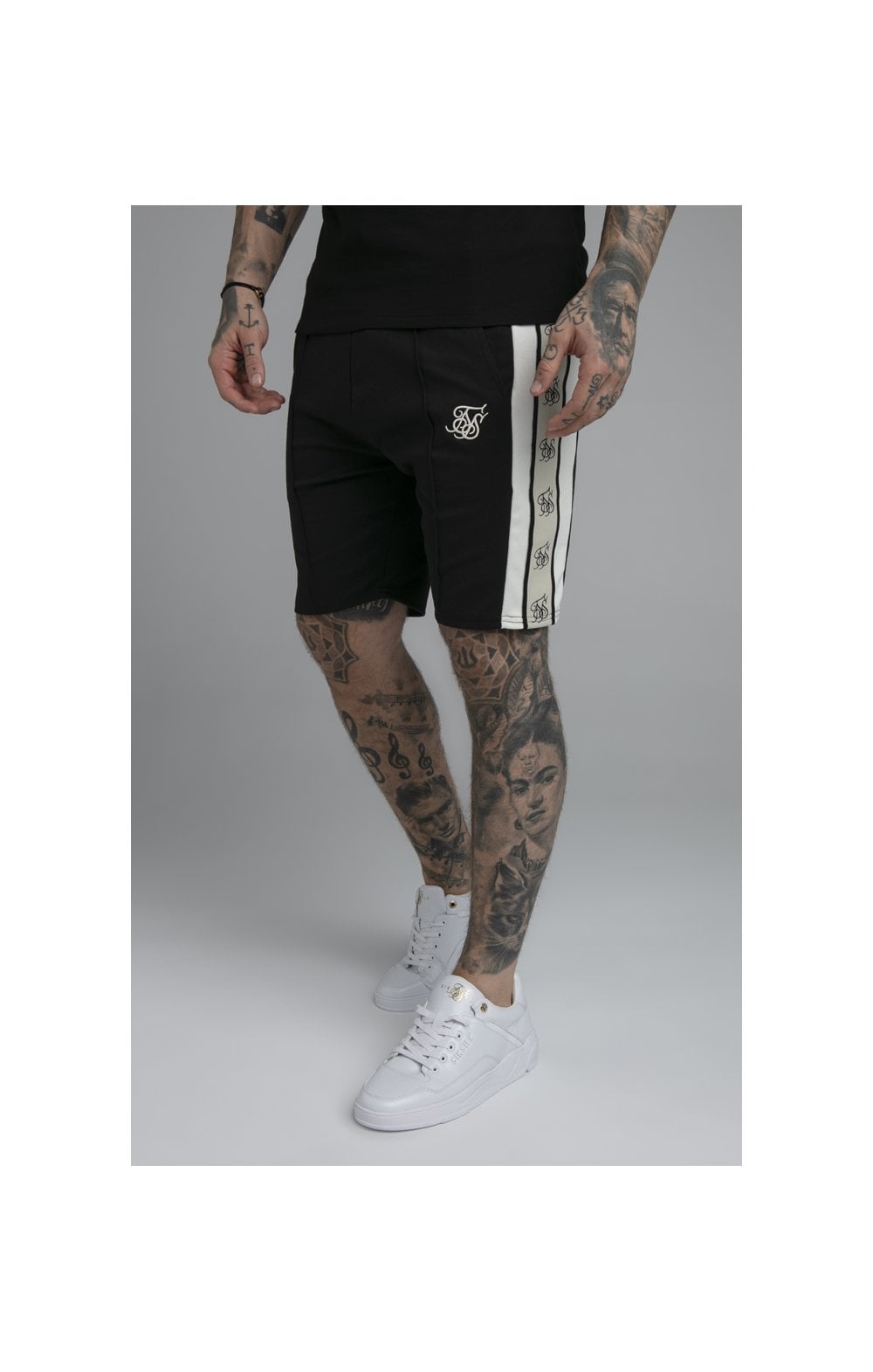 SikSilk Premium Tape Pleated Shorts - Jet Black & Off White