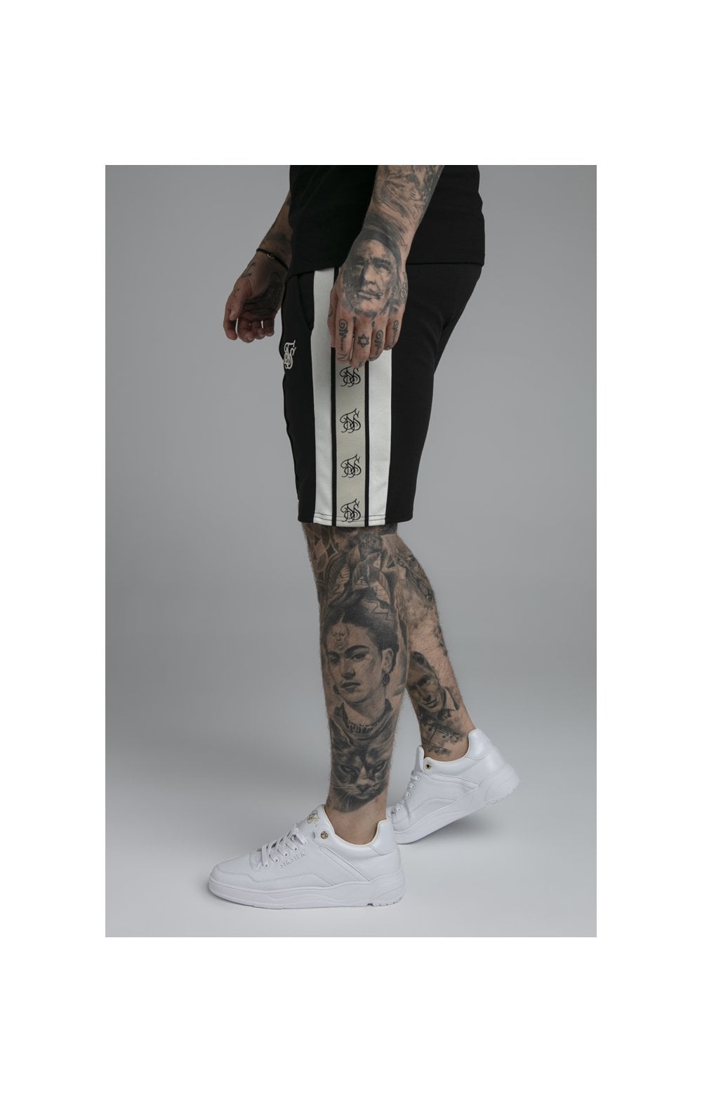 SikSilk Premium Tape Pleated Shorts - Jet Black & Off White (1)