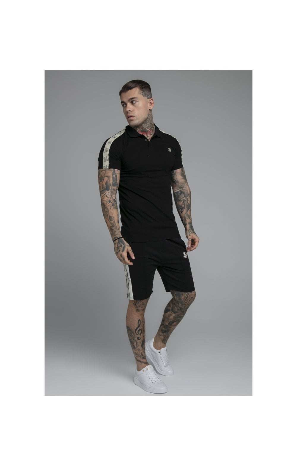 SikSilk Premium Tape Pleated Shorts - Jet Black & Off White (3)