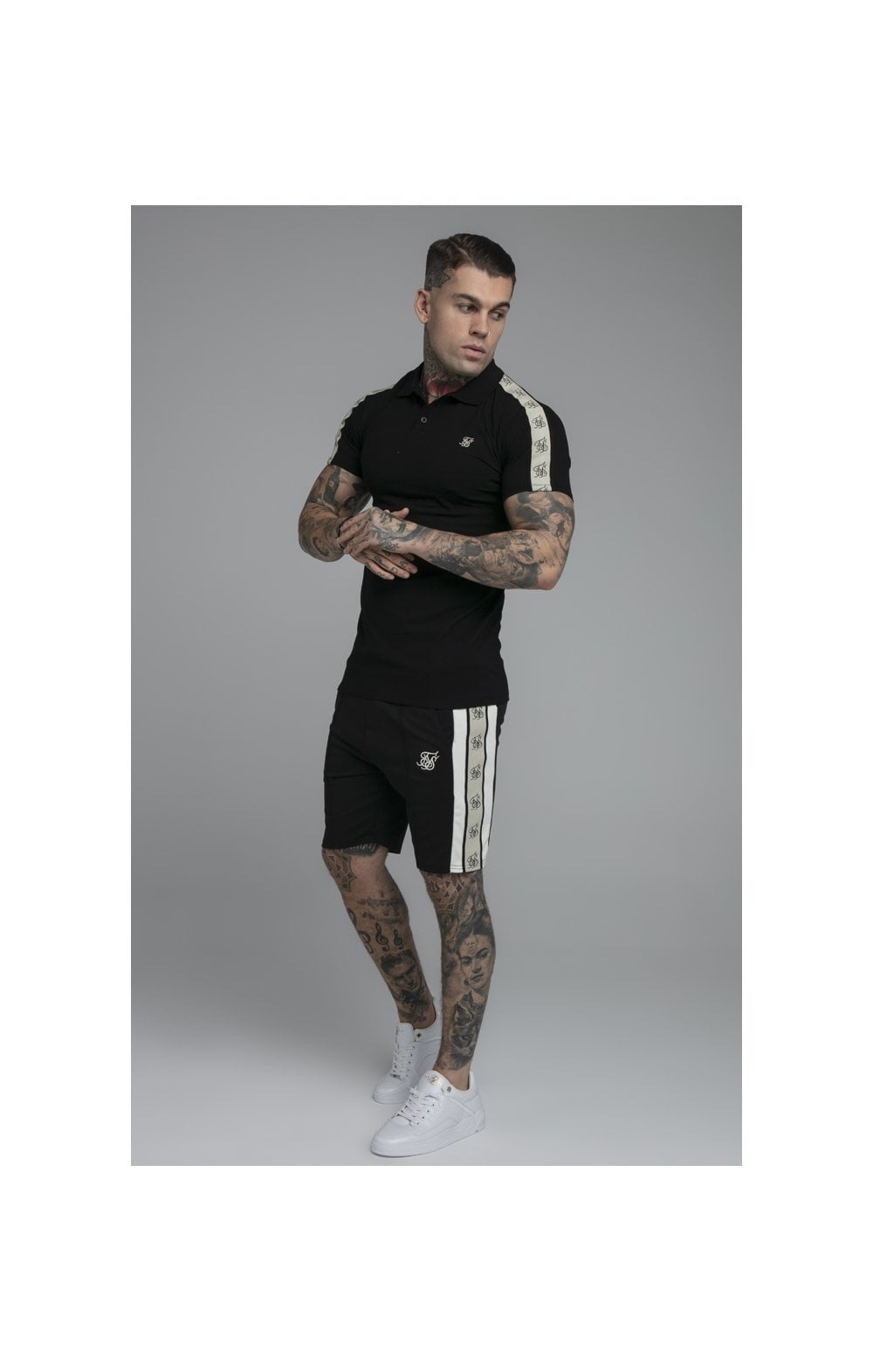 SikSilk Premium Tape Pleated Shorts - Jet Black & Off White (4)