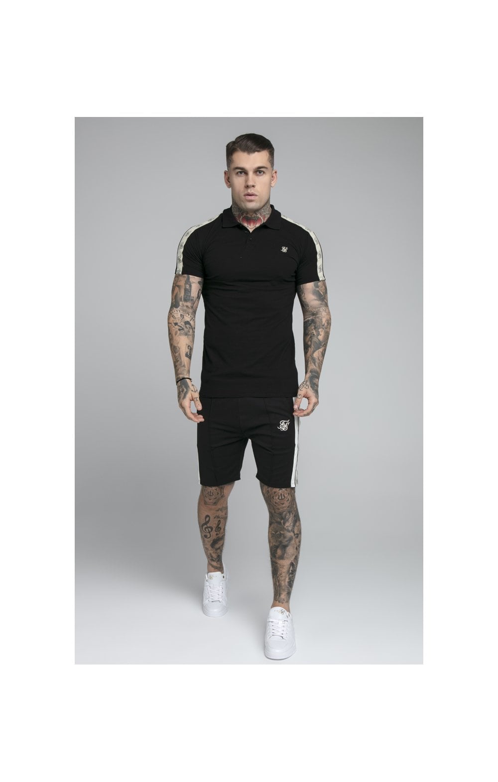 SikSilk Premium Tape Pleated Shorts - Jet Black & Off White (5)