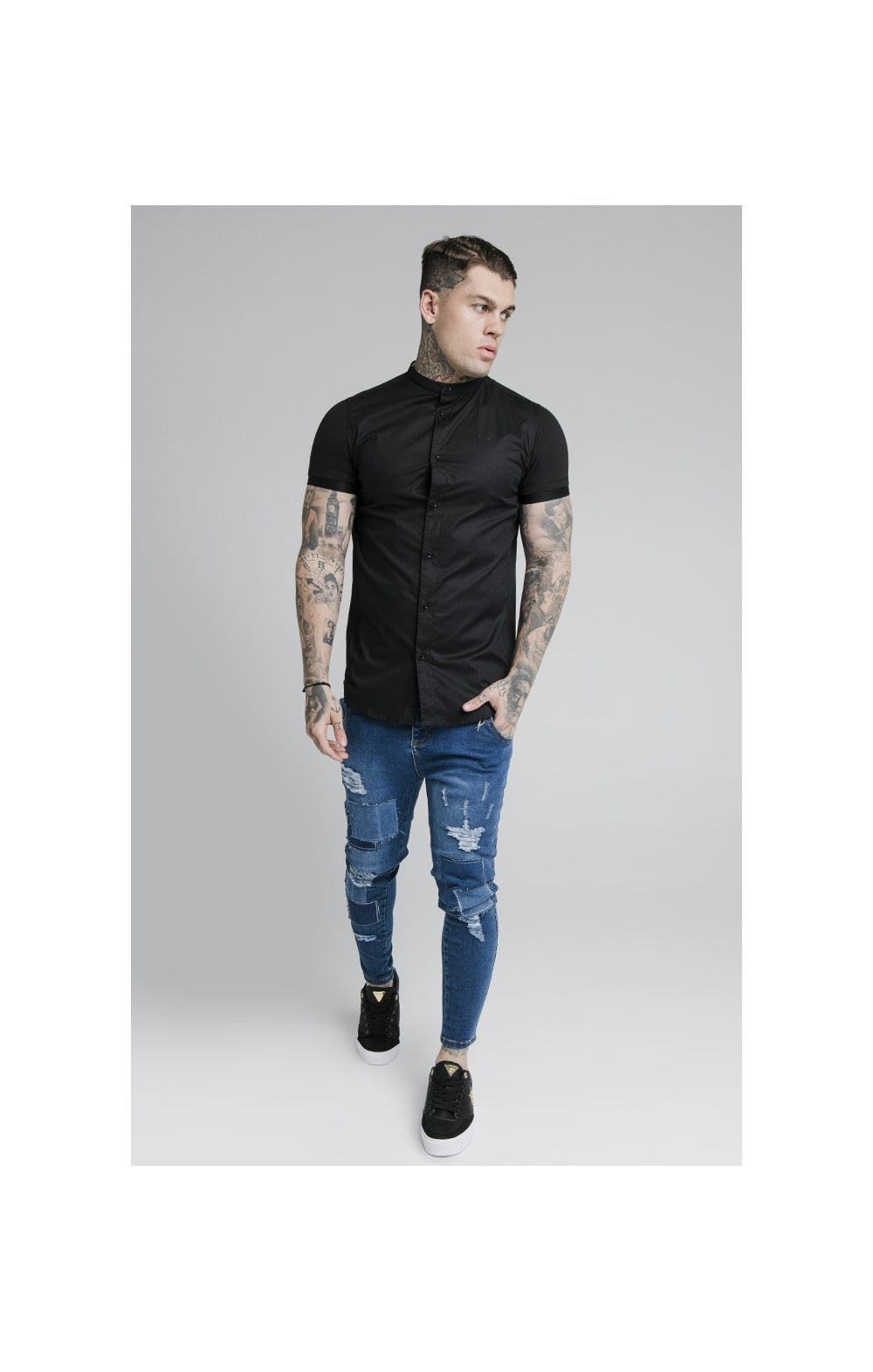 SikSilk S/S Fade Grandad Shirt - Black & Neon Fade (4)