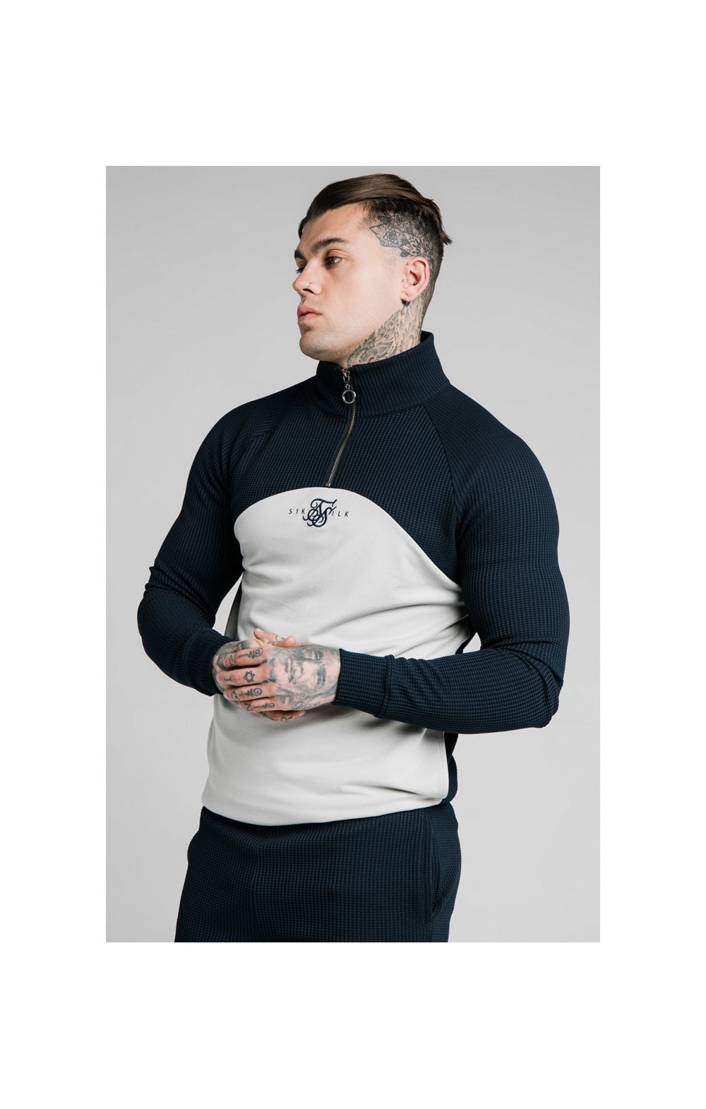 Load image into Gallery viewer, SikSilk Surface Quarter Zip Funnel Neck Hoodie - Navy &amp; Grey