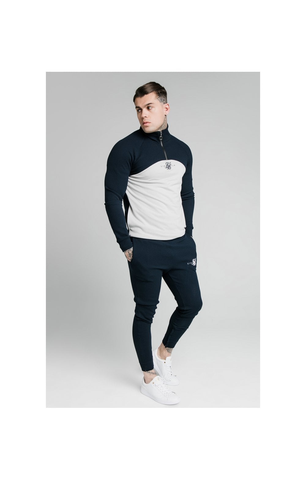 Load image into Gallery viewer, SikSilk Surface Quarter Zip Funnel Neck Hoodie - Navy &amp; Grey (4)