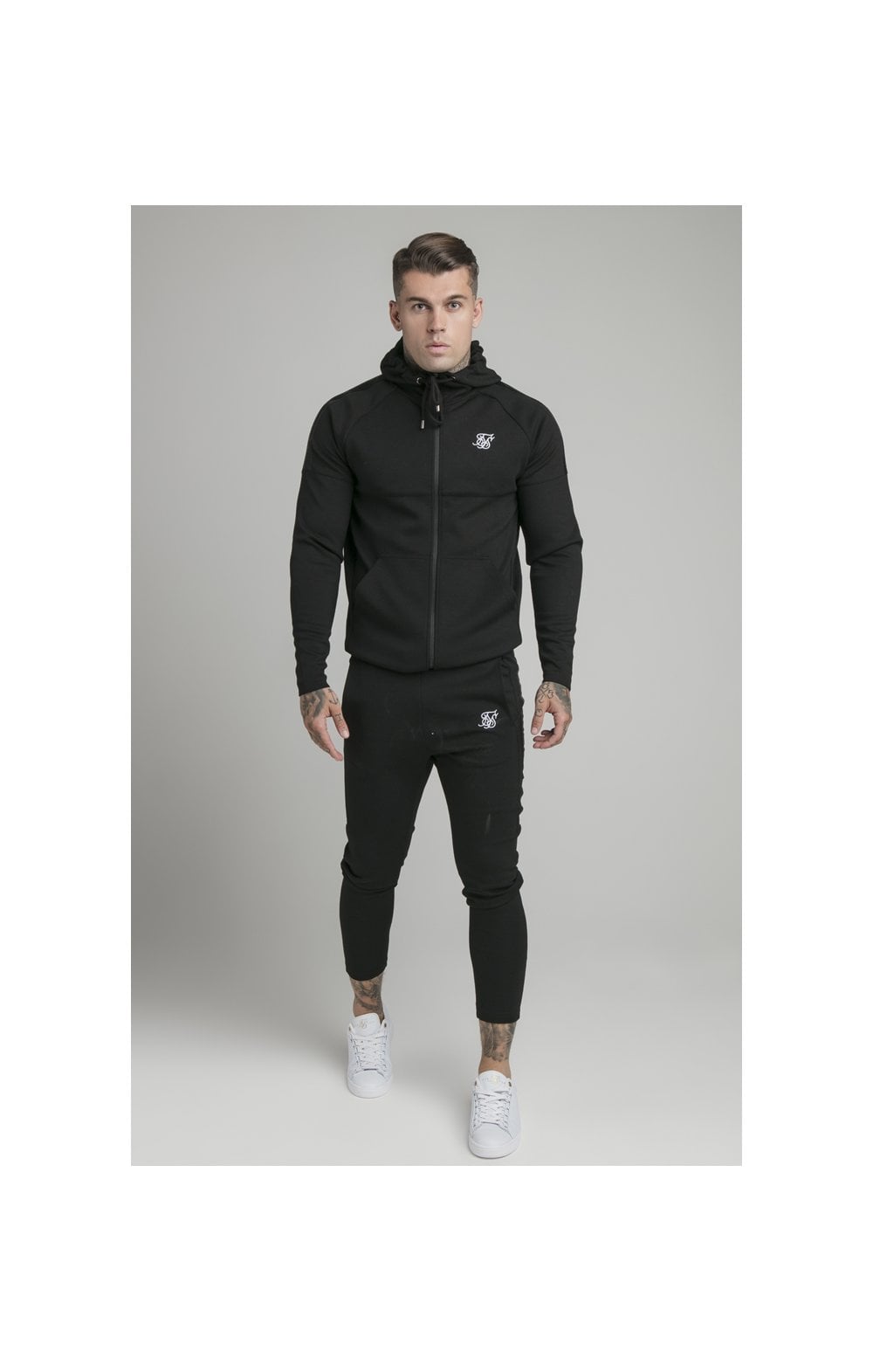 Load image into Gallery viewer, Black Motion Tape Zip Through Hoodie And Jogger Set