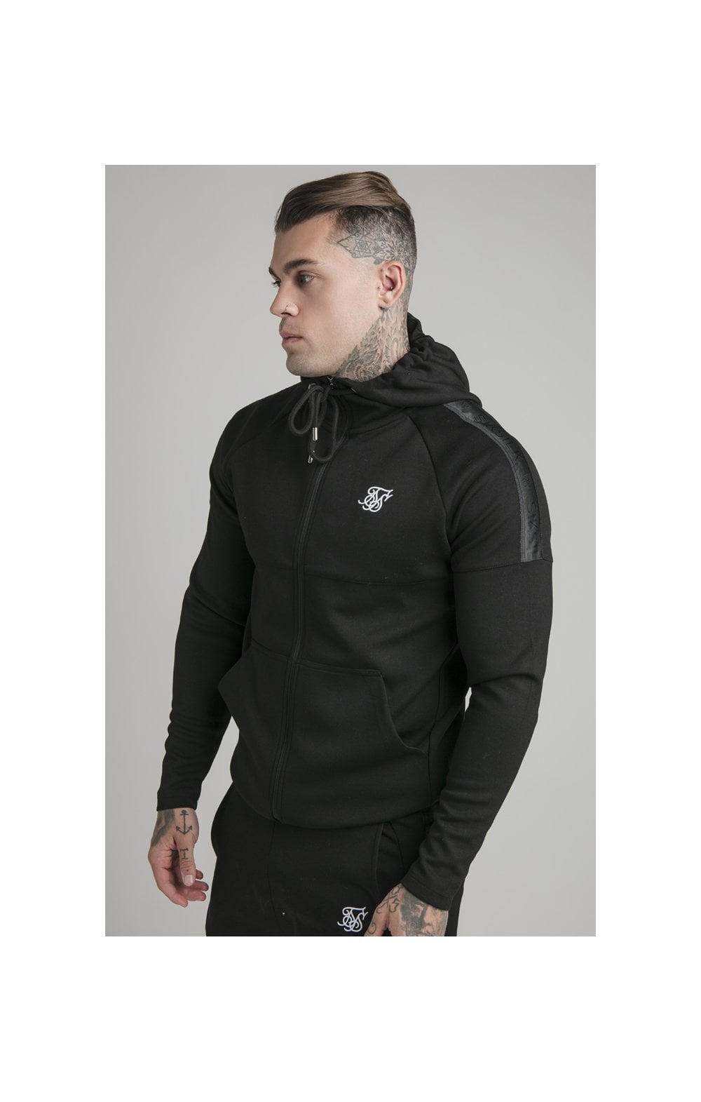 Load image into Gallery viewer, Black Motion Tape Zip Through Hoodie And Jogger Set (1)
