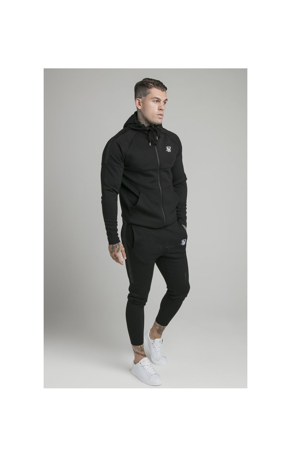 Load image into Gallery viewer, Black Motion Tape Zip Through Hoodie And Jogger Set (5)