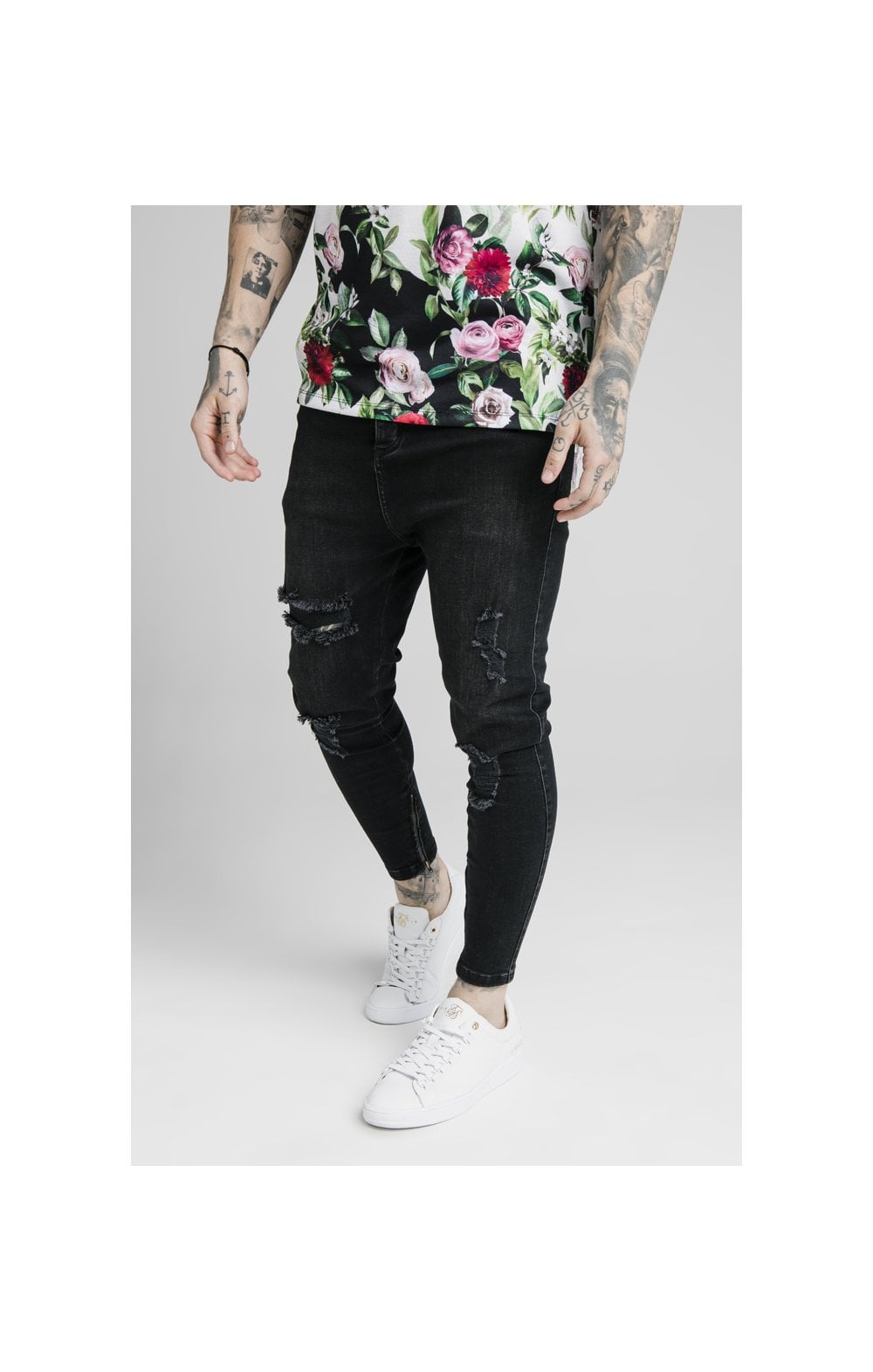 SikSilk Drop Crotch Jeans - Black & Floral Pixel (2)