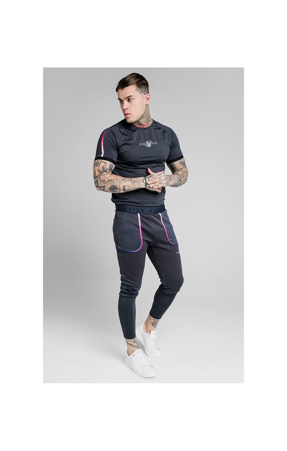 SikSilk Legacy Fade Track Pants - Midnight Grey & Neon White (3)